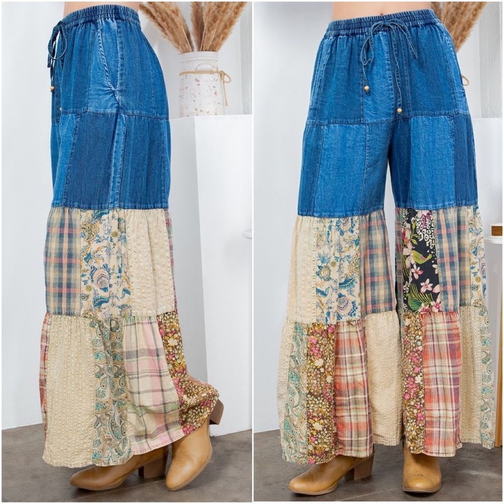 Western Floral Print Patchwork Denim Wide leg Pants - Picture 2 of 3